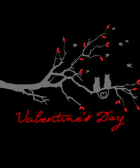 Valentine's Day card. The inscription "Valentine's Day" with the image of two cats in love sitting on a tree branch.