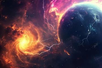 Fotobehang A cosmic storm raging on a giant gas planet With swirling colors and lightning strikes © Bijac