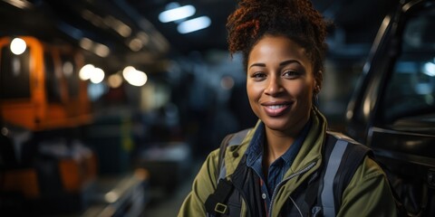 Obraz premium Confident Black Woman Truck Driver Smiling in Front of Her Semi-Truck Generative AI