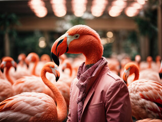 Flamingo leader in a jacket at a flock meeting