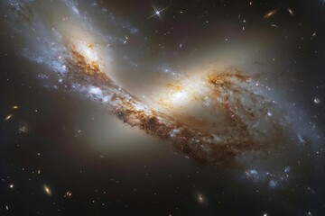 A majestic view of a galactic collision With streams of stars intertwining from two merging galaxies