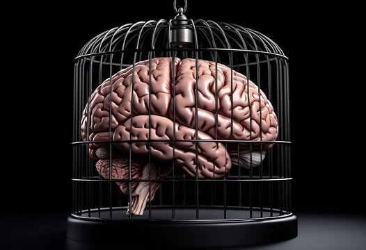 Psychiatry and psychology, helpless mind and hopeless mental state, consciousness and depression conceptual idea with a human brain in a dark cage isolated on black background. Generative AI
