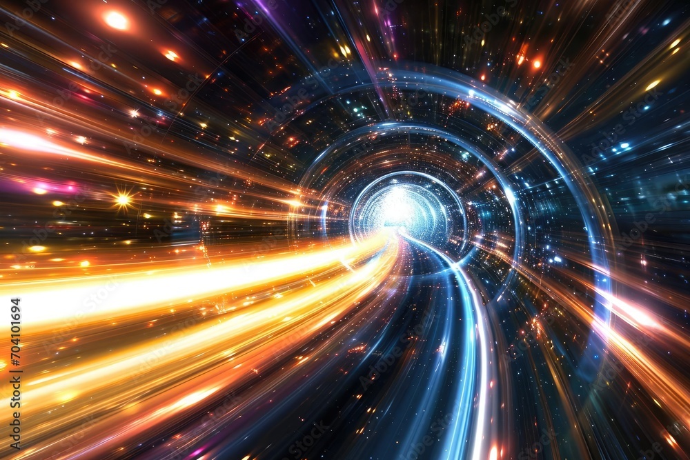 Poster a surreal depiction of time travel with warped space-time and dynamic light streams