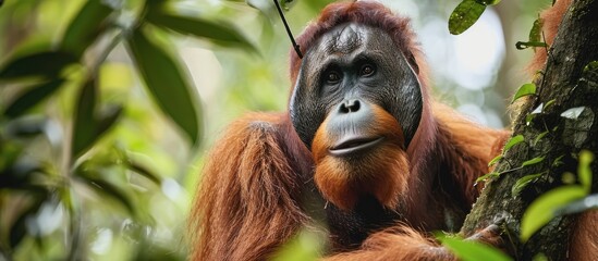 Obraz premium Encounter the captivating primate from Southeast Asia's lush rainforests - the Orangutan (Pongo pygmaeus).