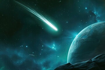 A scene of a comet approaching a habitable green planet Leaving a bright tail in space - Powered by Adobe