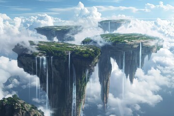 A science fiction landscape of a planet with floating landmasses and cascading waterfalls - obrazy, fototapety, plakaty