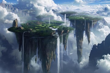 A science fiction landscape of a planet with floating landmasses and cascading waterfalls - obrazy, fototapety, plakaty