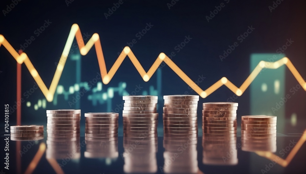 Poster double exposure of graph, stock display and rows of coins for finance and banking concept