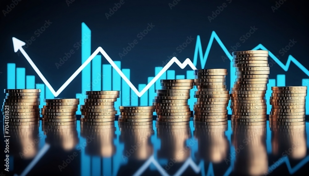Poster double exposure of graph, stock display and rows of coins for finance and banking concept