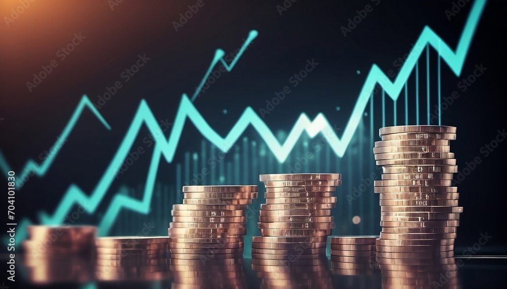 Poster double exposure of graph, stock display and rows of coins for finance and banking concepts. generati