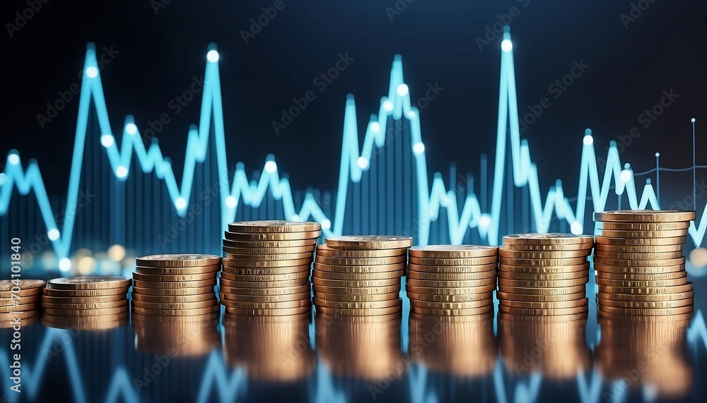 Poster double exposure of graph, stock display and rows of coins for finance and banking concept