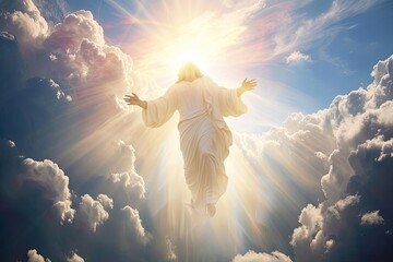 The ascension of jesus christ into heaven With a radiant light and clouds - obrazy, fototapety, plakaty