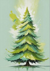 Oil painting Christmas tree artwork. Hand drawn oil painting. Christmas art background. Oil...