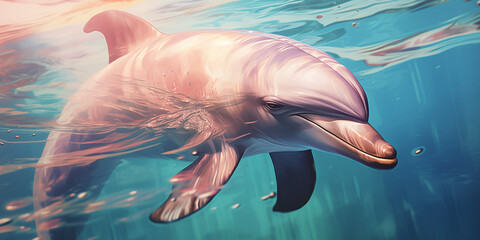 Beautiful pink dolphin swimming in blue transparent water