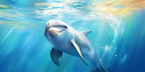 Cute smiling dolphin swimming in blue water - obrazy, fototapety, plakaty