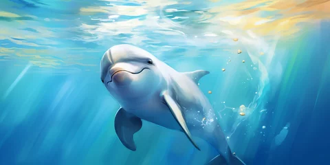 Tuinposter Cute smiling dolphin swimming in blue water © Irène