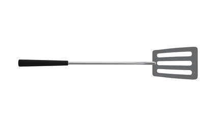Stainless steel spatula with black handle isolated on transparent and white background. Kitchen concept. 3D render