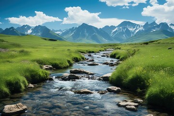 majestic mountain river flowing through grassy valley