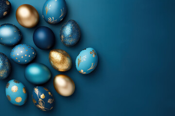 Easter frame of golden and blue eggs on blue background. Religion tradition pattern. View from above. Flat lay style. Greeting card. Copy space.