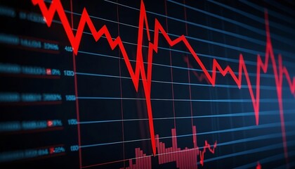 Investment Stock market trading chart and stock market fall and loss in red color graph. Global money bankruptcy concept. 3D illustration. Stock market recession and losses. Downtrend line graph