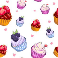 Hand Drawn Cupcake Seamless Pattern.