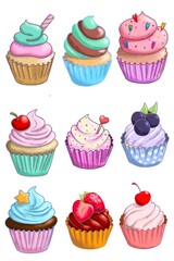 Set Cupcakes Different Toppings Illustration