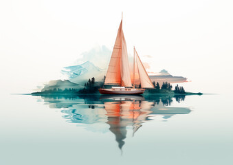 Sailboat Isolated on Transparent. Side view of a large sailing boat on the waves on the open sea.