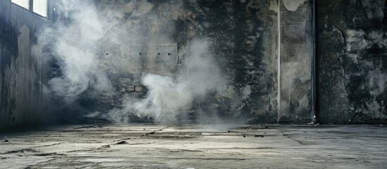 Dark grey wall background with abstracts in an empty workplace, covered in dust, resembling old cement or plaster, with a vintage overlay of smoke, fog, and texture.