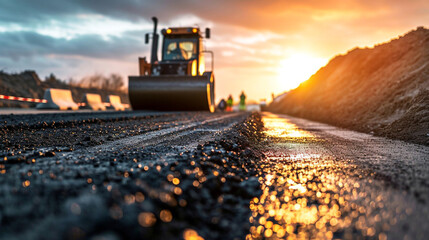Road construction workers and road construction machinery scene. Highway construction site landscape. Copy Space.