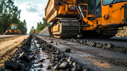 Road construction workers and road construction machinery scene. Highway construction site landscape. Copy Space.
