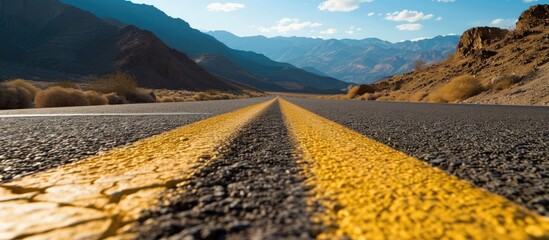 Yellow dividing line on a desert highway.
