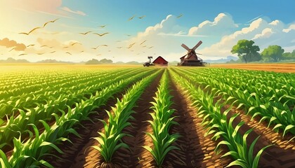 Organic maize farm or corn field seeding and planting agriculture, sweet corn garden farmland , field in countryside plantation. Generative AI - obrazy, fototapety, plakaty
