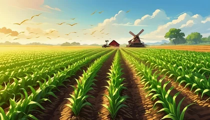 Deurstickers Organic maize farm or corn field seeding and planting agriculture, sweet corn garden farmland , field in countryside plantation. Generative AI © Copper