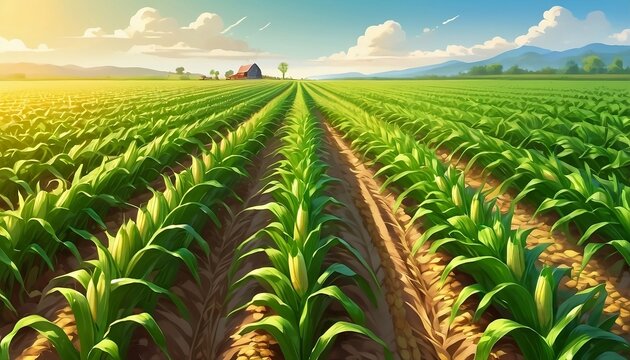 Organic maize farm or corn field seeding and planting agriculture, sweet corn garden farmland , field in countryside plantation. Generative AI
