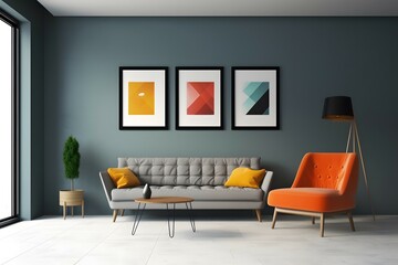  minimal design appartment, a wall with a picture frame, modern living-room, colourful furniture,