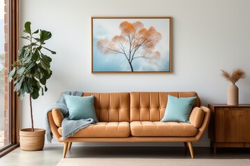 Modern living room interior with stylish furniture and abstract painting of tree with orange leaves