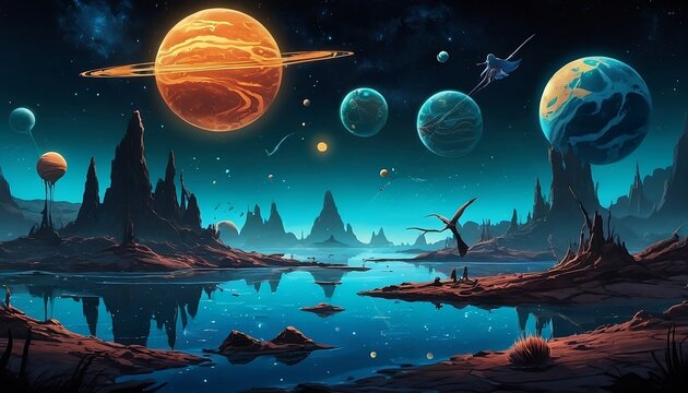 Surreal exoplanet cool planet where fish fly and birds swim, bioluminescent water ponds, the sky is night starry cosmos planets, scary, ugly, weird. Generative AI
