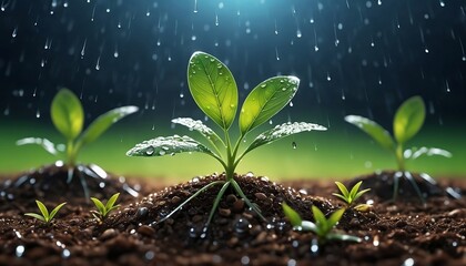 Young plants growing up on ground with raining drop, save would and green green environment concept. Generative AI