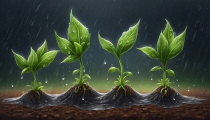 Sprouts growing from soil, while raining. Save the world environment concept. Generative AI