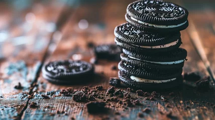 Poster Oreo-like cookies stacked with crumbs around © Artyom