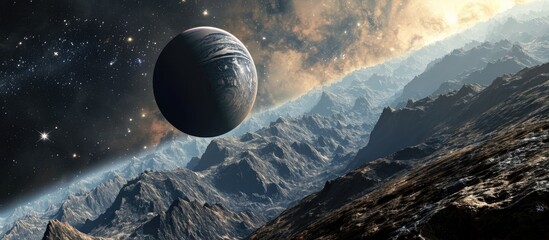 Alien planet and moon view from space, dark background, star system wallpaper, infinite universe art, 3D illustration
