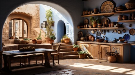 Fototapeta na wymiar Middle Eastern kitchen with clay pots and sunlight