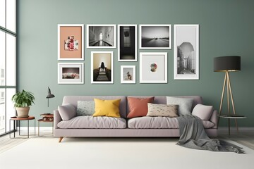  minimal design appartment, a wall with six picture frames, modern living-room, colourful center
