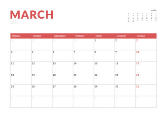 Monthly page Calendar Planner Templates of March 2024. Vector layout of simple calendar with week start Monday for print. Page for size A4 or 21x29.7 cm