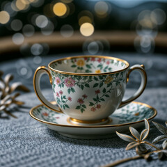 Fototapeta premium A beautifully drawn Tea Cup with intricate designs representing wellness and vitality, setting against a backdrop of a serene calming nature scene--generated by ai