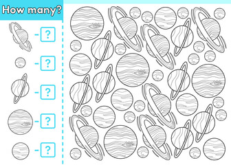 Counting kids game. Space math game. How many planets of Solar system. Count the planets Saturn, Uranus, Jupiter, Neptune, Pluto. Educational worksheet for school children. Vector outline for coloring