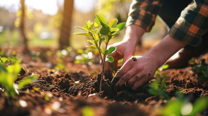 Fototapeta premium Hands planting a young tree in soil