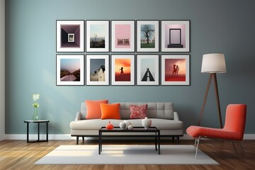  minimal design appartment, a wall with six picture frames, modern living-room, colourful center