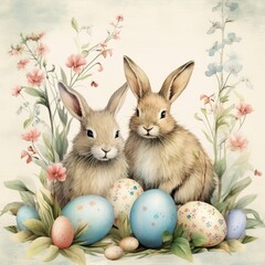 Fototapeta na wymiar Watercolor floral background banner with cute bunnies, Easter eggs, flowers and grass.