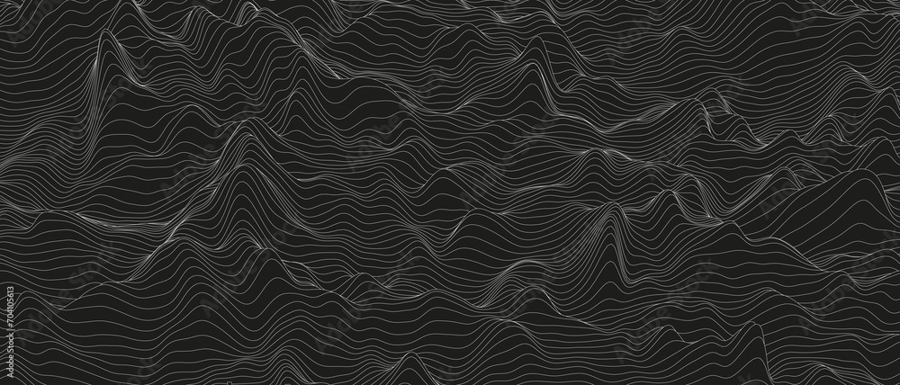 Poster abstract background with distorted line shapes on a black background. monochrome sound line waves.